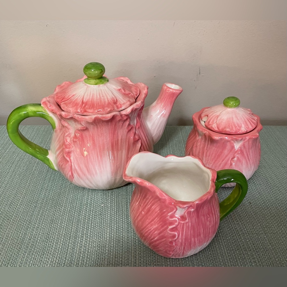 Ceramic Pink Floral Teapot, Sugar Bowl, Creamer Set
